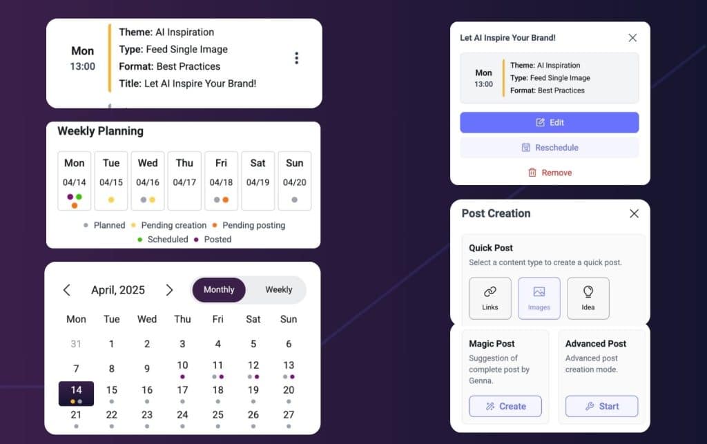 Smart scheduling Your schedule is created automatically with the best days and times to post. We suggest your post formats, relevant topics and much more. We're tracking data, so we can see what's really making a difference."
